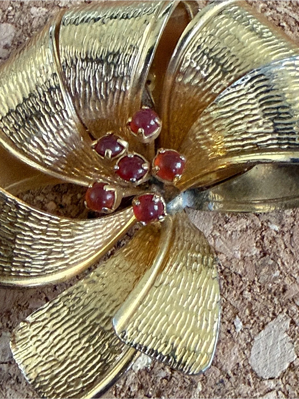 Vintage Signed Austria Brushed Gold Bow Flower Brooch